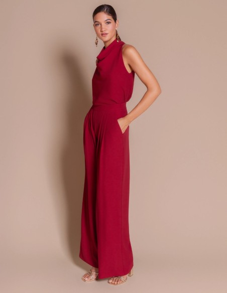 Maroon crepe blouse with a draped halter neckline