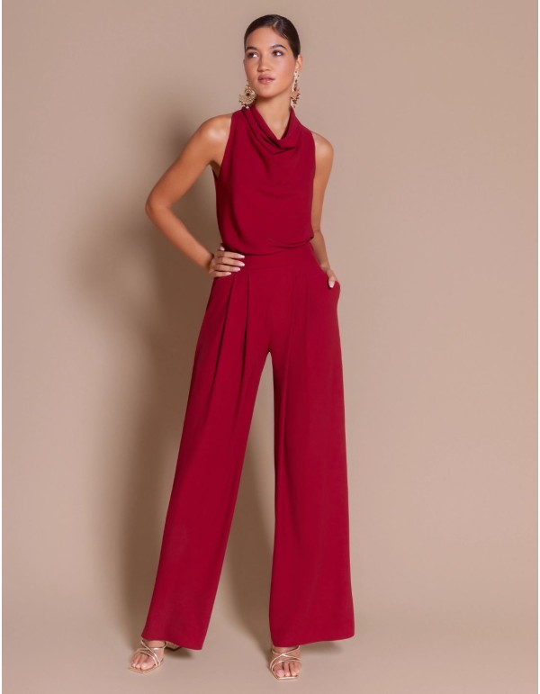 Maroon crepe blouse with a draped halter neckline