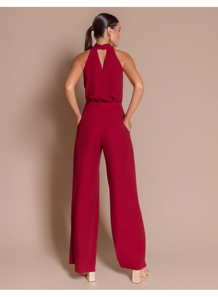 Maroon crepe blouse with a draped halter neckline
