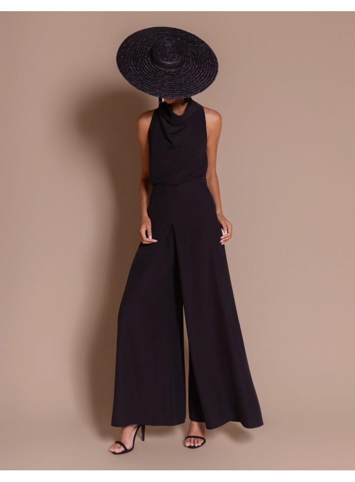 Black crepe blouse with a draped halter neckline