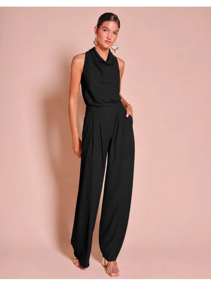 Black crepe blouse with a draped halter neckline