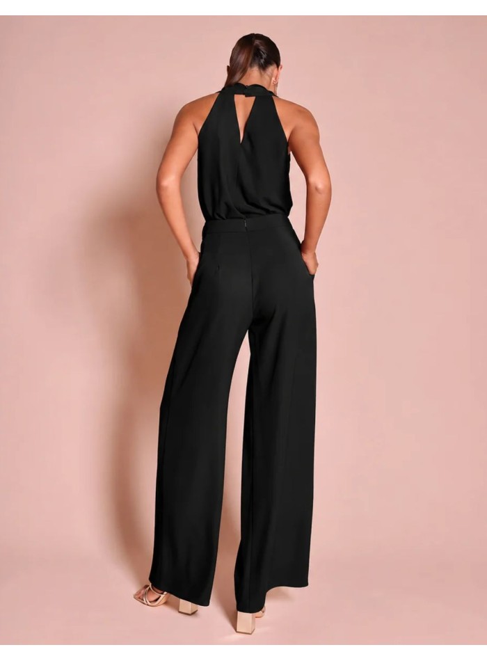 Black crepe blouse with a draped halter neckline