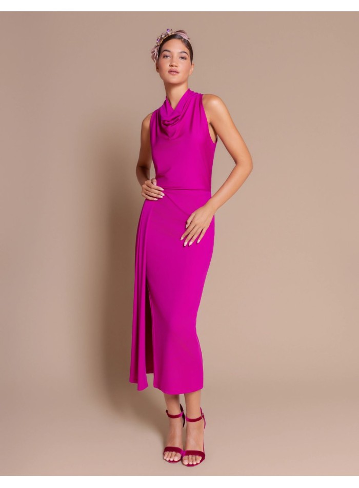 Fuchsia silk-like knit midi dress with a draped...