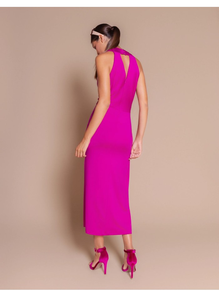 Fuchsia silk-like knit midi dress with a draped...