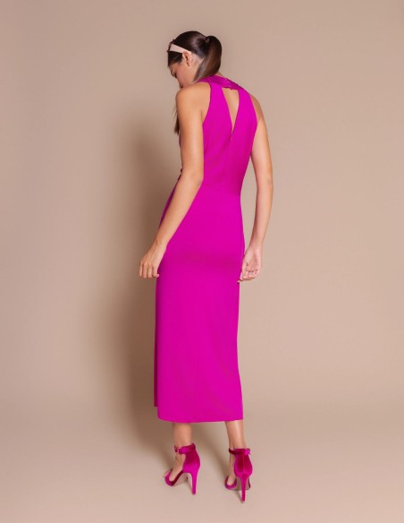 Fuchsia silk-like knit midi dress with a draped halter neckline