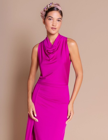 Fuchsia silk-like knit midi dress with a draped halter neckline