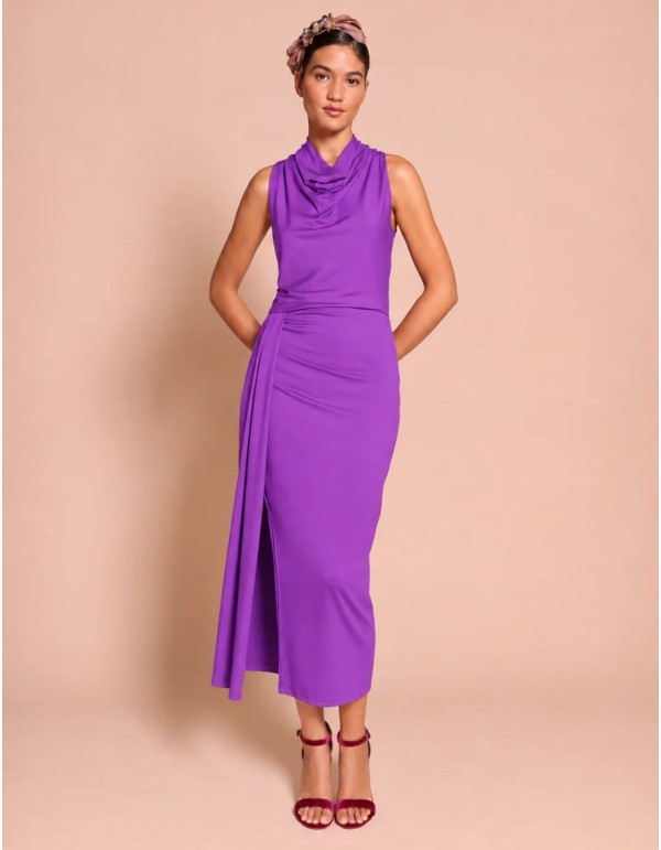 Purple silky knit midi dress with a draped halter neckline
