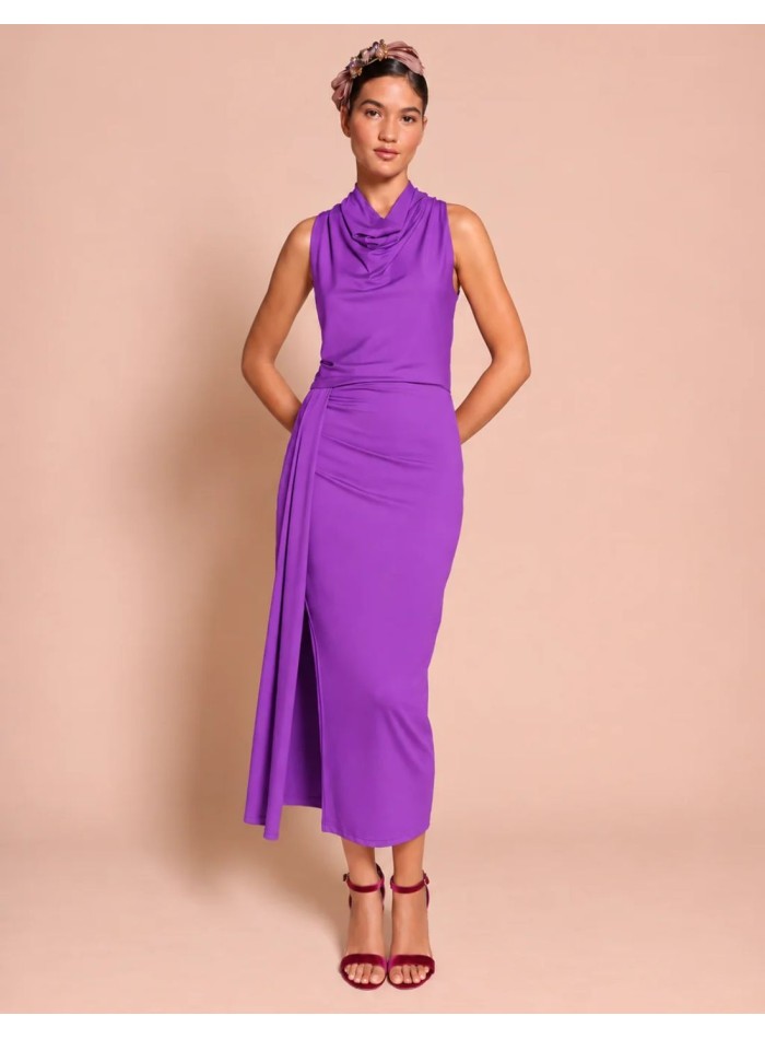 Purple silky knit midi dress with a draped...
