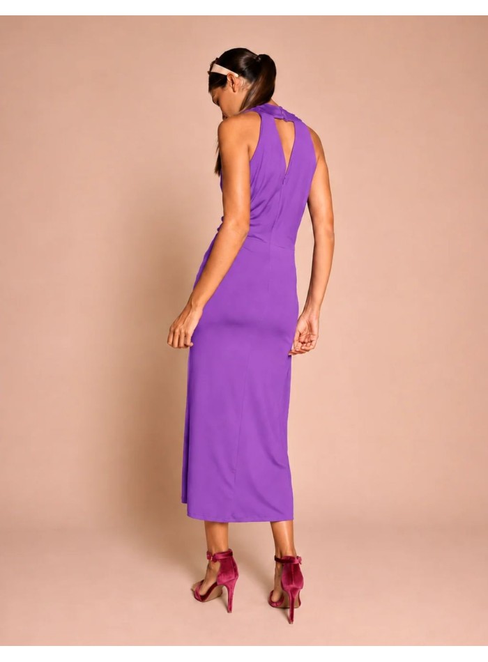 Purple silky knit midi dress with a draped...