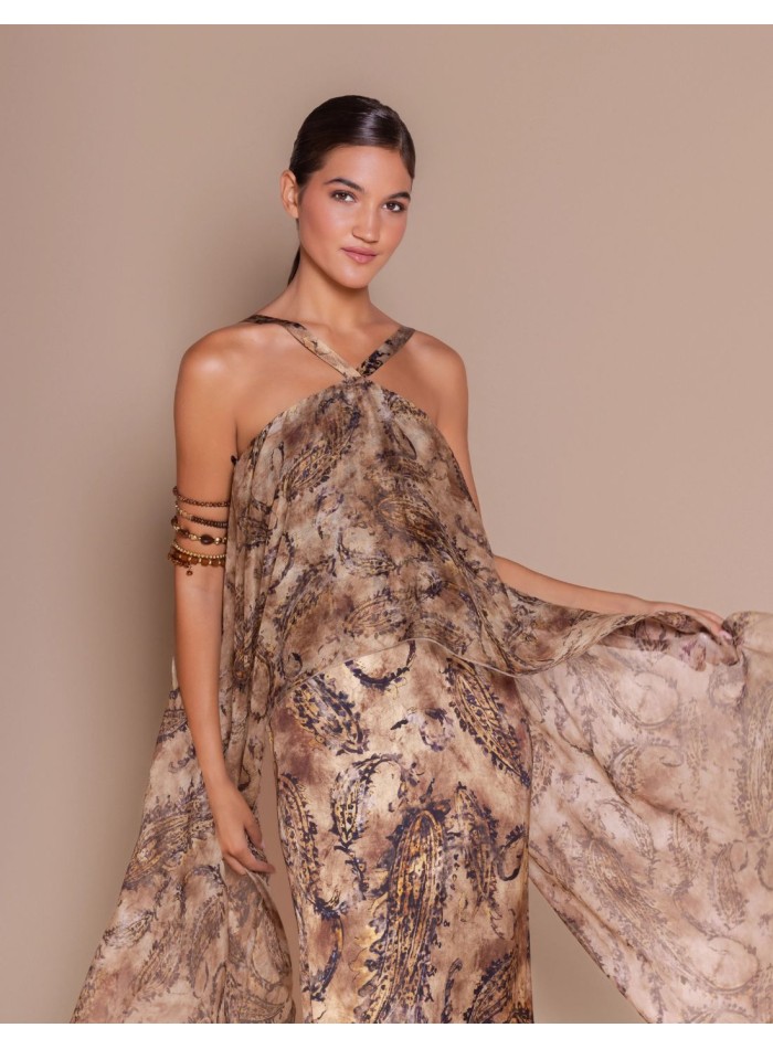 Long printed dress with a chiffon cape neckline