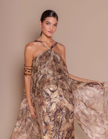 Long printed dress with a chiffon cape neckline