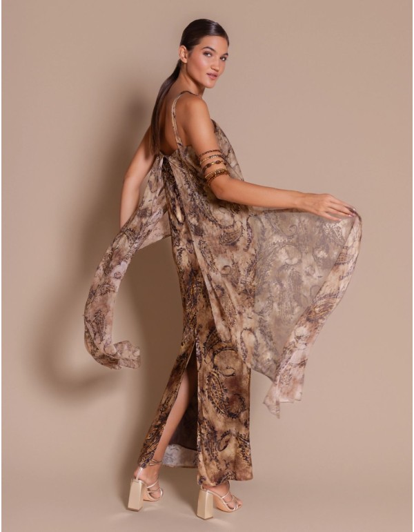 Long printed dress with a chiffon cape neckline 2