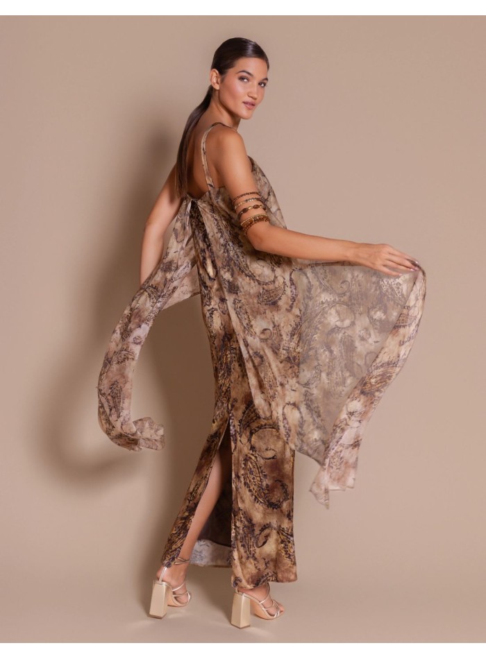 Long printed dress with a chiffon cape neckline