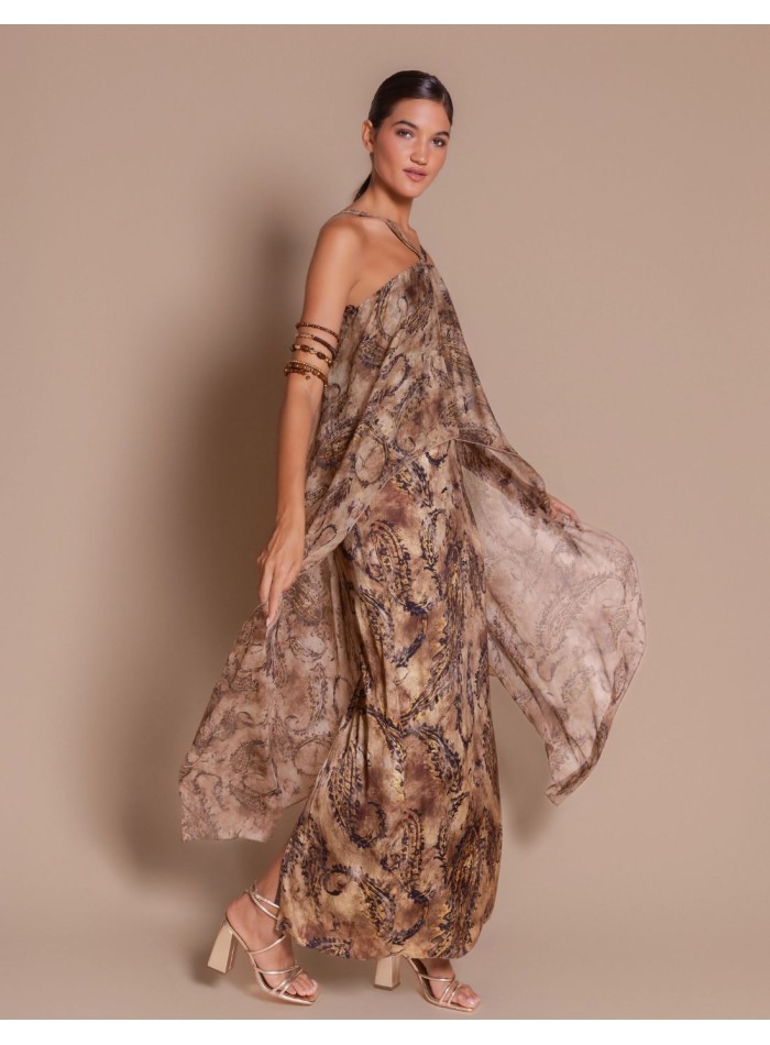 Robe longue à motifs avec encolure en voile