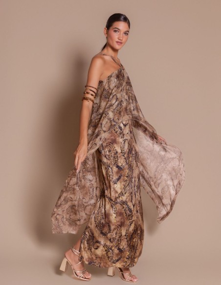 Long printed dress with a chiffon cape neckline