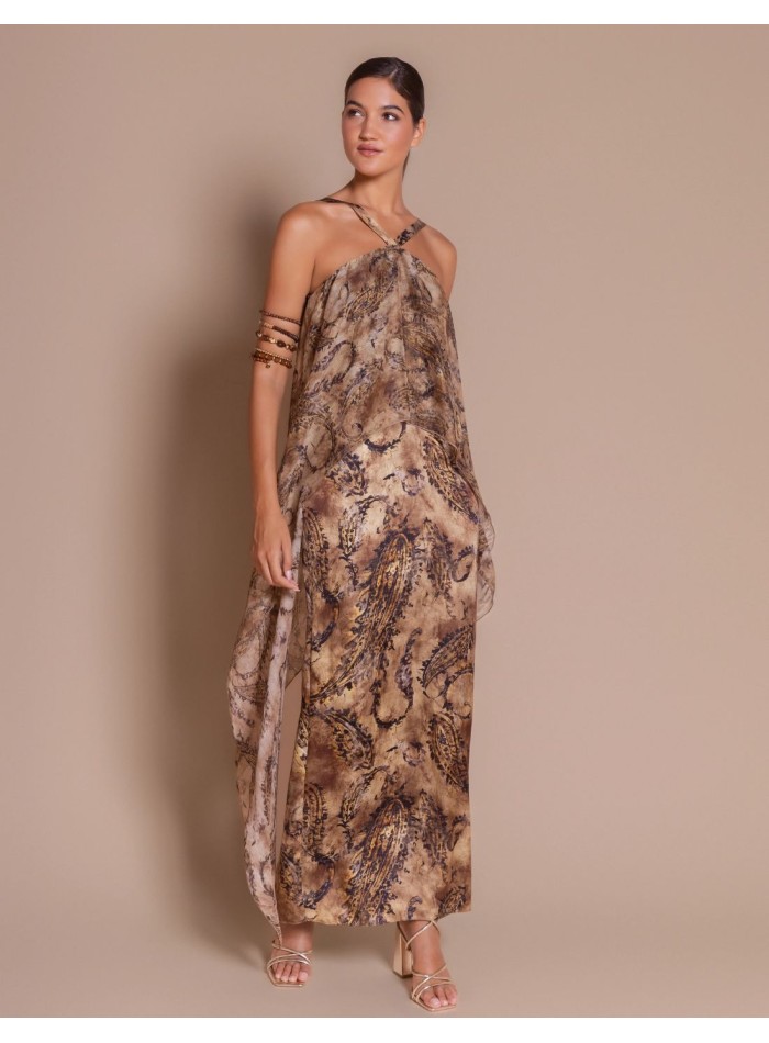 Robe longue à motifs avec encolure en voile