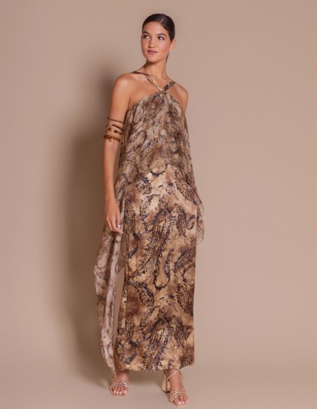 Long printed dress with a chiffon cape neckline