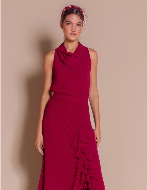 Burgundy chiffon top with a halter neckline
