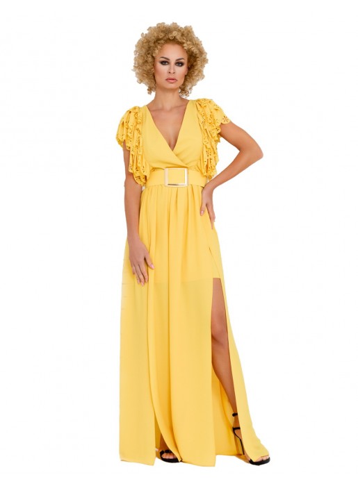 Long party dress with ruffled sleeves and leg opening at INVITADISIMA by Nuribel