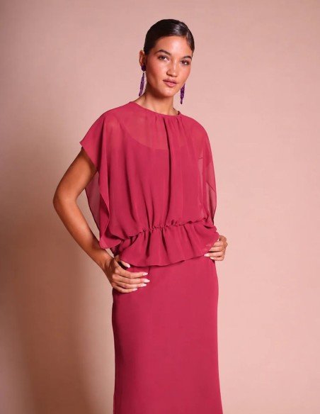 Strawberry-colored chiffon guest dress with a straight skirt