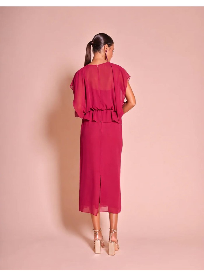 Strawberry-colored chiffon guest dress with a...