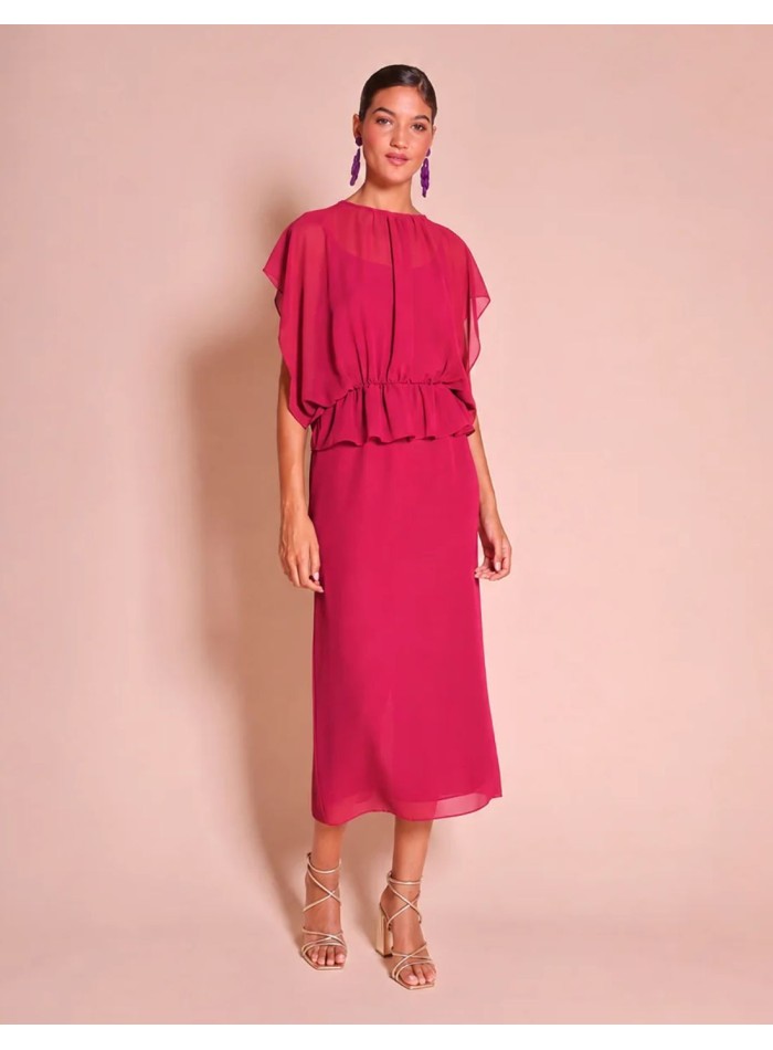 Strawberry-colored chiffon guest dress with a...