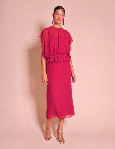 Vestido largo tobillero de gasa color fresa