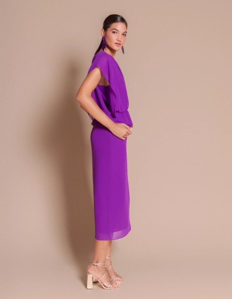 Violet chiffon guest dress with a straight skirt