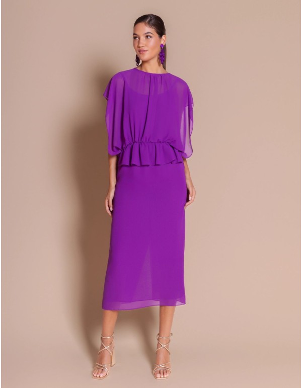 Violet chiffon guest dress with a straight skirt
