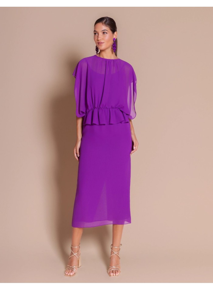 Violet chiffon guest dress with a straight skirt