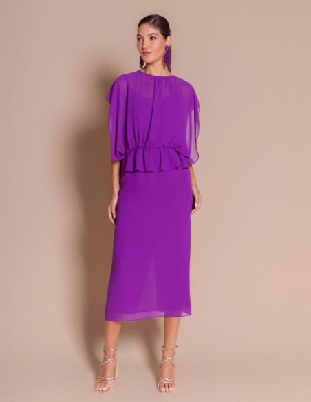 Vestido midi de gasa con manga caída en color violeta