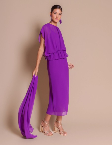 Robe d'invitée en mousseline à jupe droite, couleur violette