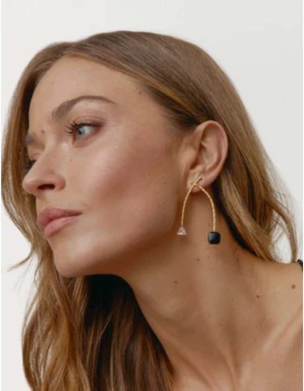 Pair of gold earrings with cubic zirconia and black stone