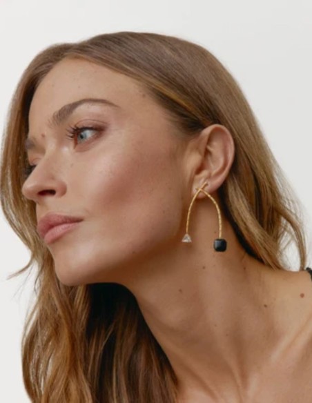 Pair of gold earrings with cubic zirconia and black stone
