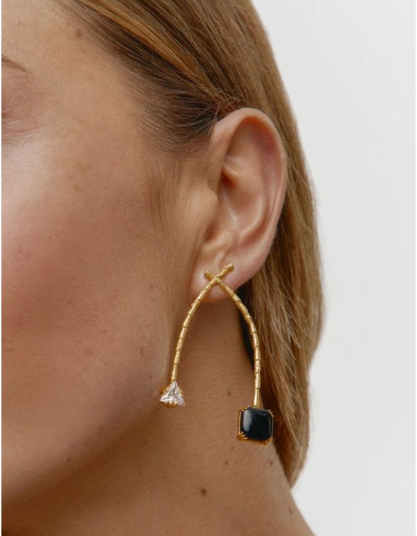 Pair of gold earrings with cubic zirconia and black stone 2