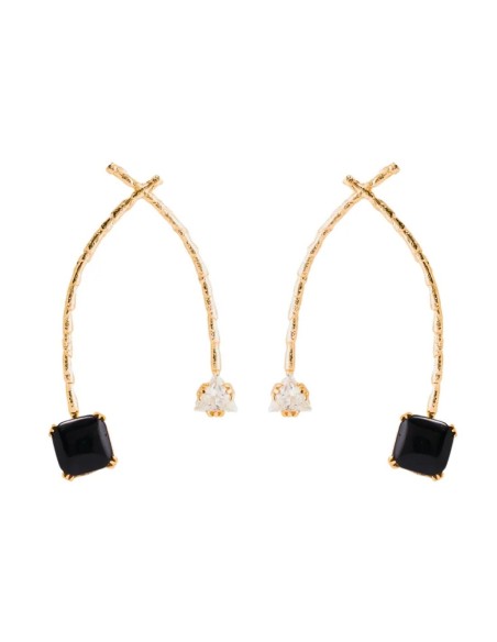 Boucles d'oreilles doubles dorées avec zircone et pierre noire
