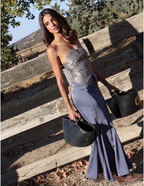 Blue floral jacquard ensemble with a strapless top and... 2