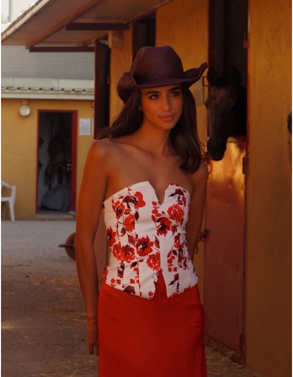Conjunto de dos piezas con top palabra de honor estampado floral y falda larga 2