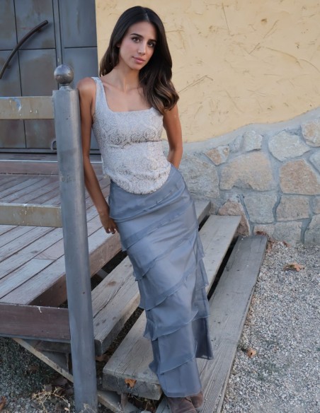 Ensemble jacquard à motifs floraux et jupe longue en organza