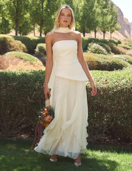 Top de novia palabra de honor crudo con corte asimétrico
