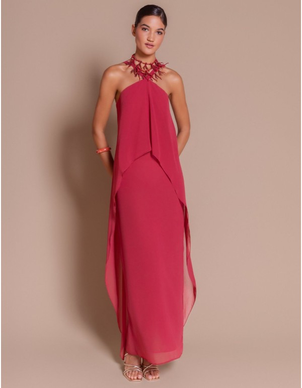 Vestido largo de gasa rosa con escote cruzado halter