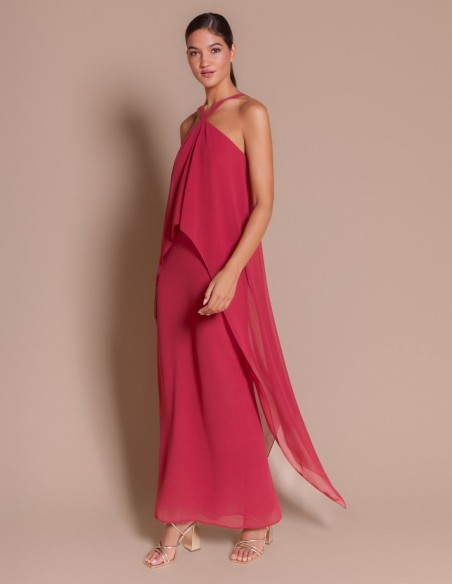 Vestido largo de gasa rosa con escote cruzado halter