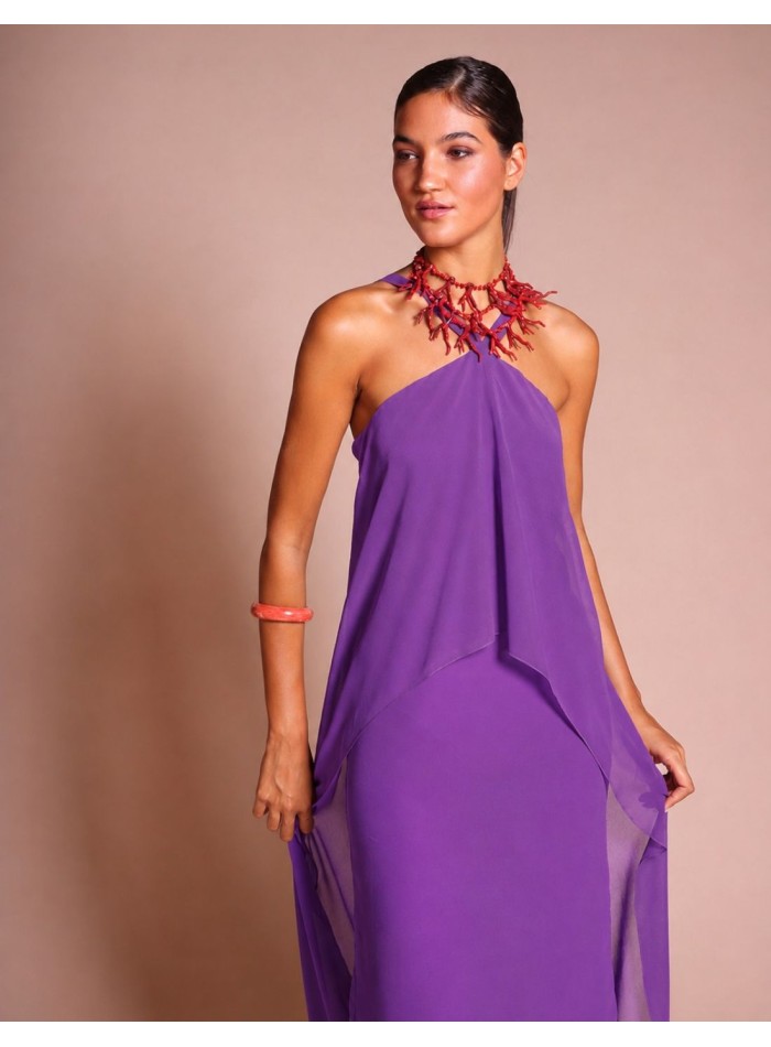 Long violet chiffon dress with a crossover...