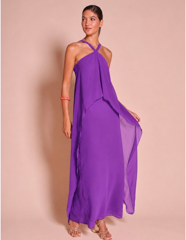 Vestido largo de gasa color violeta con escote cruzado halter 2