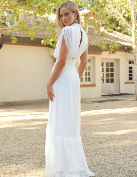 Vestido de novia largo de crepe con volantes de gasa