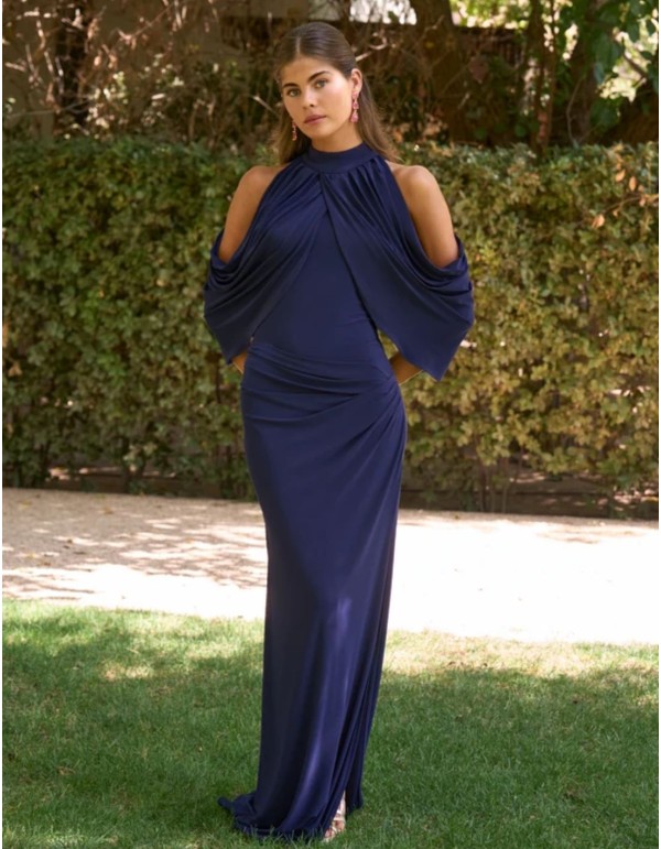 Long navy blue draped dress with a high neckline and... 2