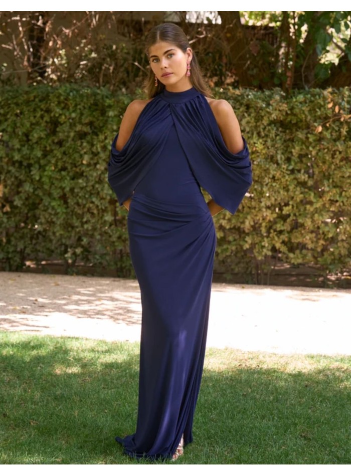 Robe longue bleu marine drapée, à col montant...