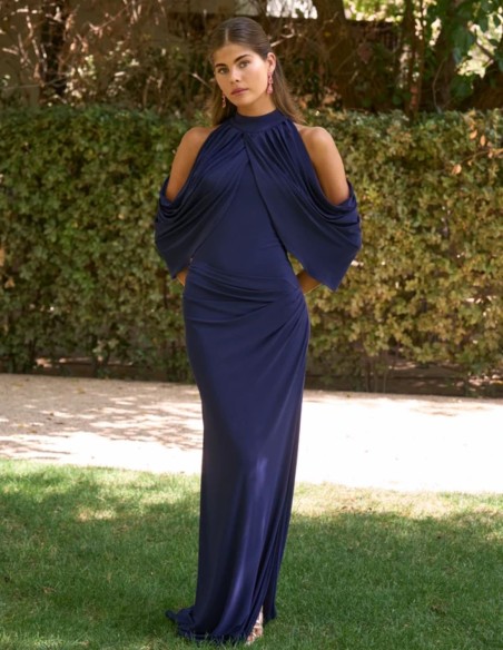 Robe longue bleu marine drapée, à col montant et épaules dénudées
