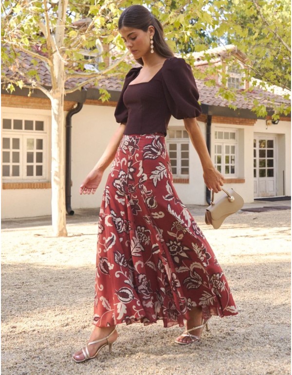 Terracotta midi skirt with a floral print and...
