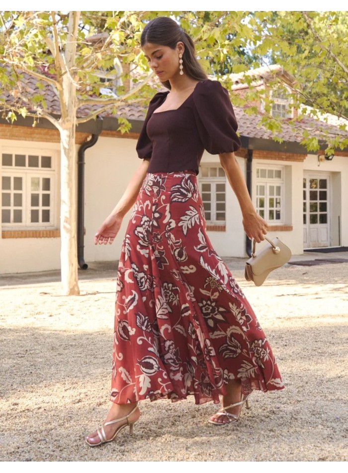 Terracotta midi skirt with a floral print and...